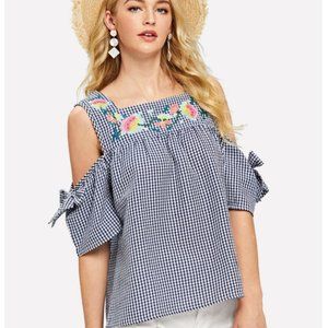 Open Shoulder Floral Embroidery Gingham Top